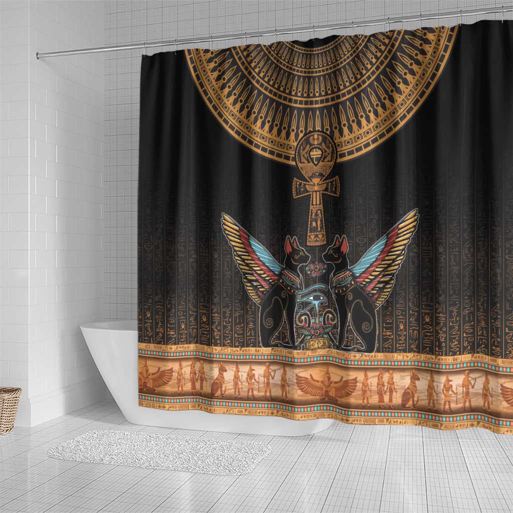 Winged Egypt Cats Shower Curtain Hieroglyphs Alphabet Pattern