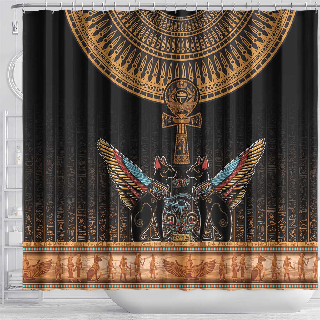 Winged Egypt Cats Shower Curtain Hieroglyphs Alphabet Pattern