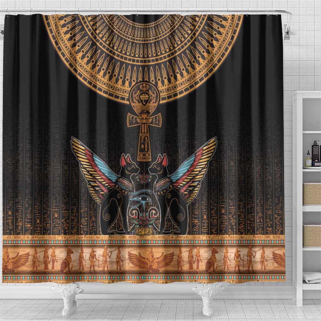 Winged Egypt Cats Shower Curtain Hieroglyphs Alphabet Pattern