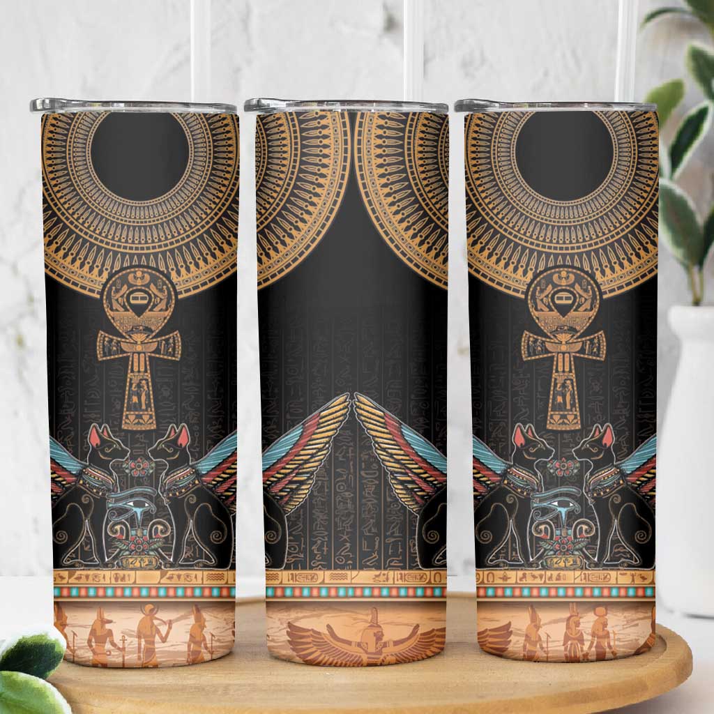 Winged Egypt Cats Skinny Tumbler Hieroglyphs Alphabet Pattern