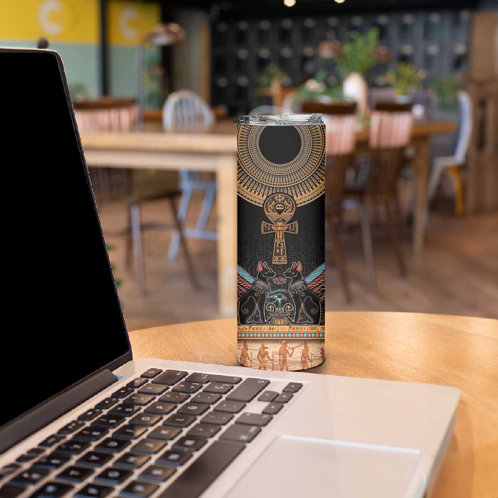 Winged Egypt Cats Skinny Tumbler Hieroglyphs Alphabet Pattern