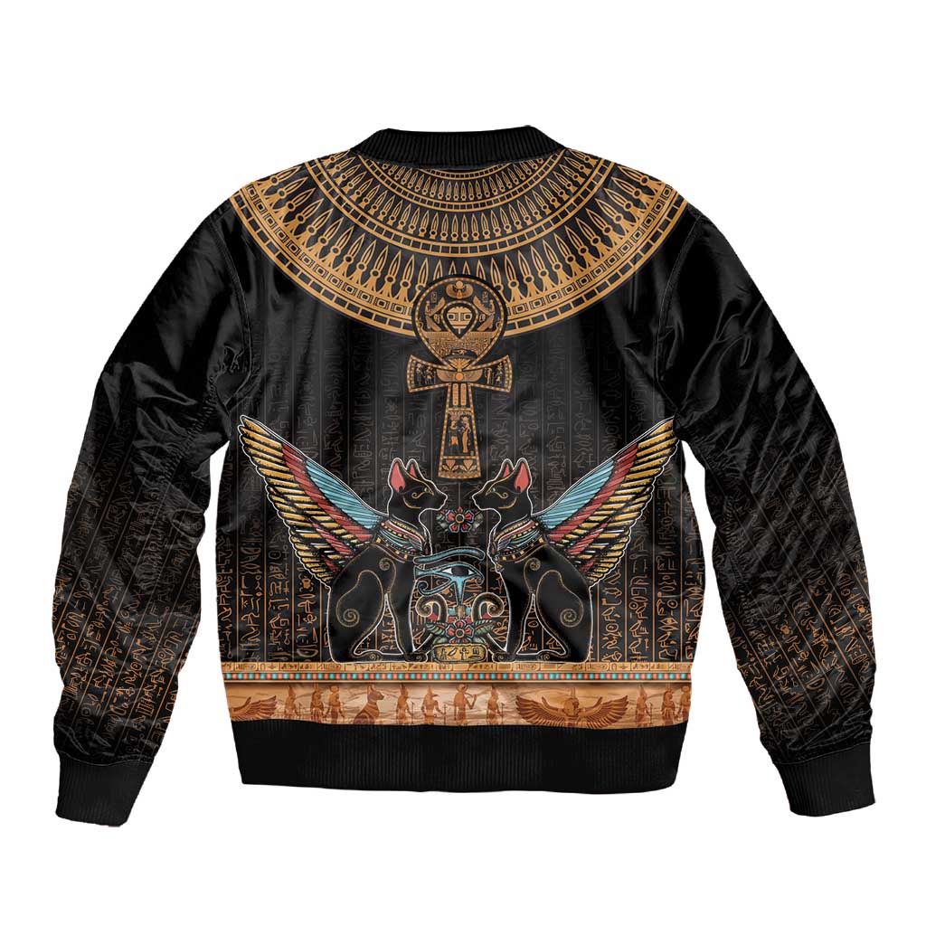 Winged Egypt Cats Sleeve Zip Bomber Jacket Hieroglyphs Alphabet Pattern