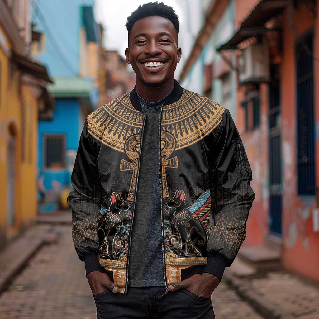 Winged Egypt Cats Sleeve Zip Bomber Jacket Hieroglyphs Alphabet Pattern