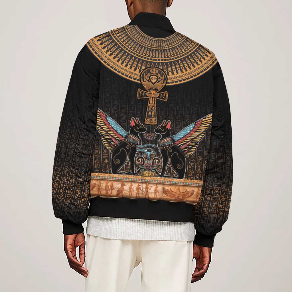 Winged Egypt Cats Sleeve Zip Bomber Jacket Hieroglyphs Alphabet Pattern
