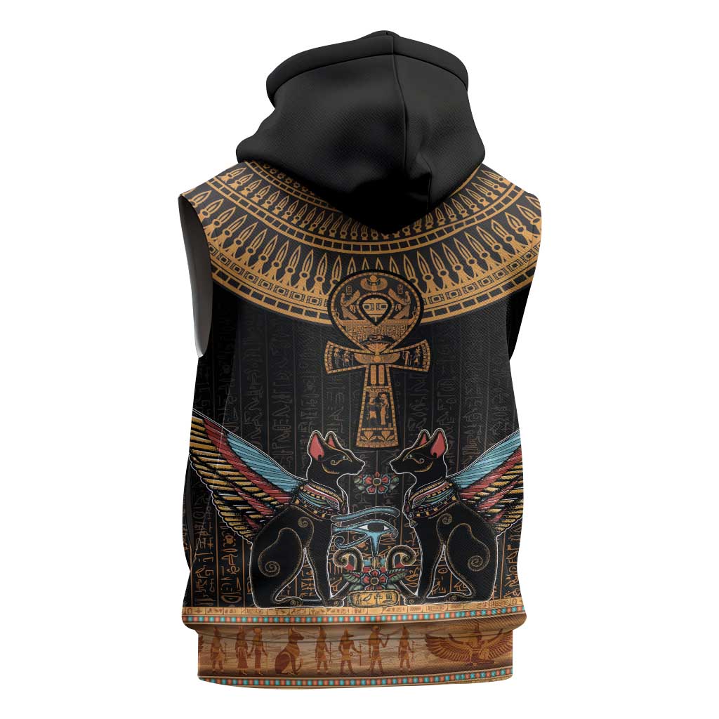 Winged Egypt Cats Sleeveless Hoodie Hieroglyphs Alphabet Pattern - African Pride