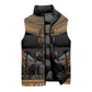 Winged Egypt Cats Sleeveless Puffer Jacket Hieroglyphs Alphabet Pattern