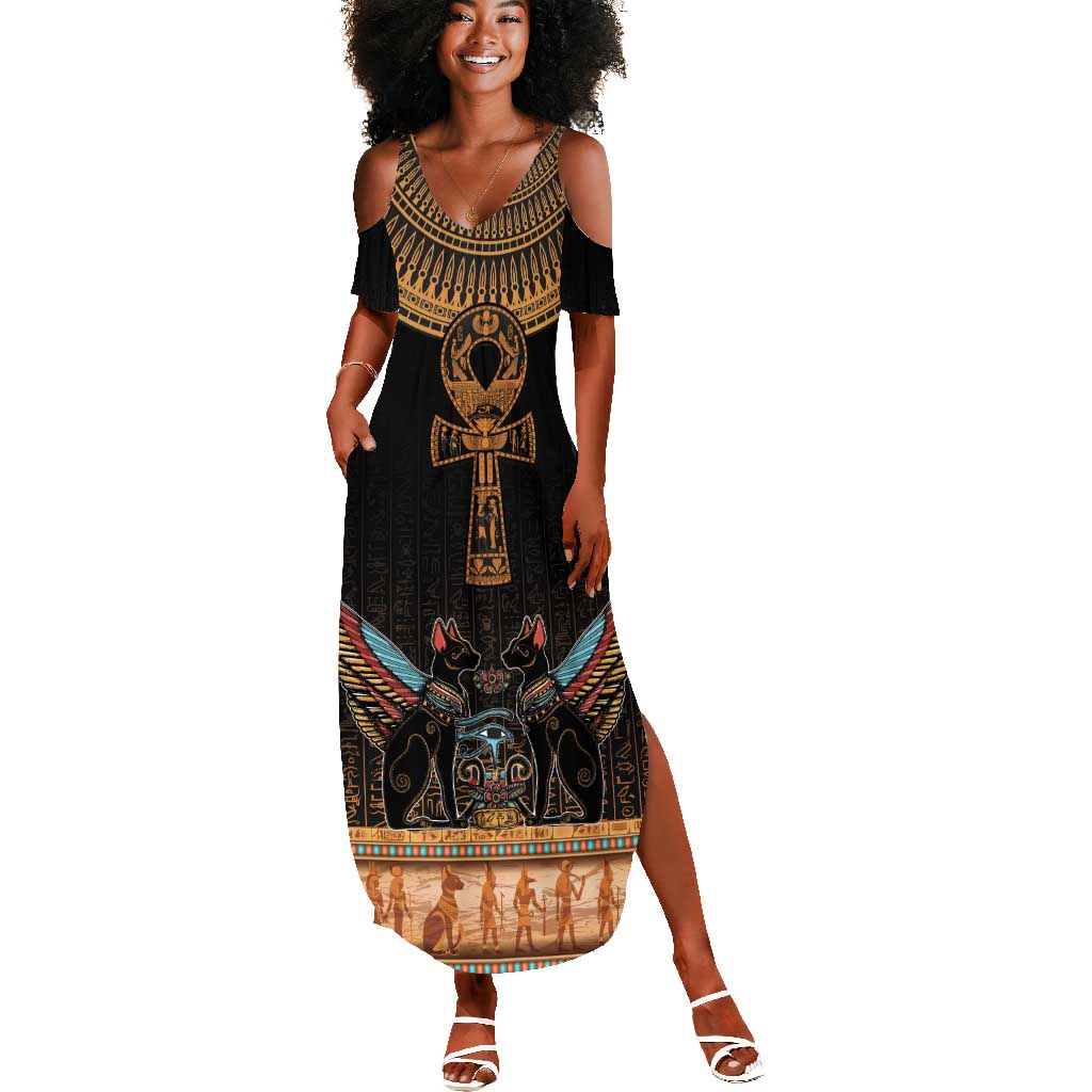 Winged Egypt Cats Summer Maxi Dress Hieroglyphs Alphabet Pattern