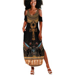 Winged Egypt Cats Summer Maxi Dress Hieroglyphs Alphabet Pattern