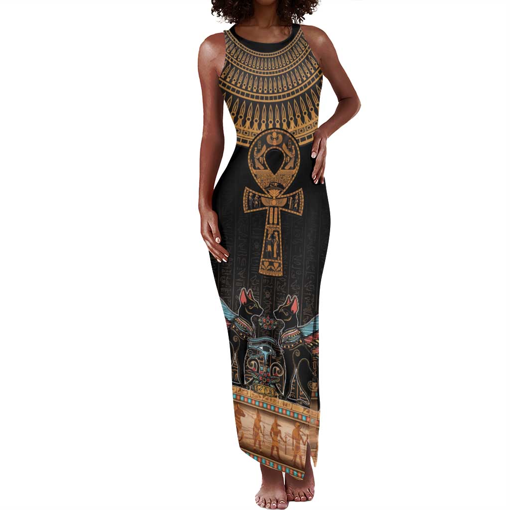 Winged Egypt Cats Tank Maxi Dress Hieroglyphs Alphabet Pattern