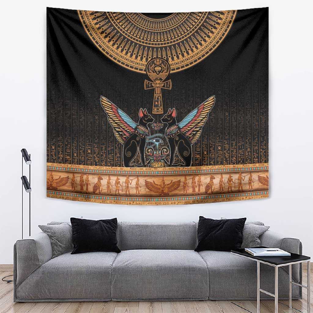 Winged Egypt Cats Tapestry Hieroglyphs Alphabet Pattern