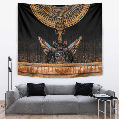 Winged Egypt Cats Tapestry Hieroglyphs Alphabet Pattern