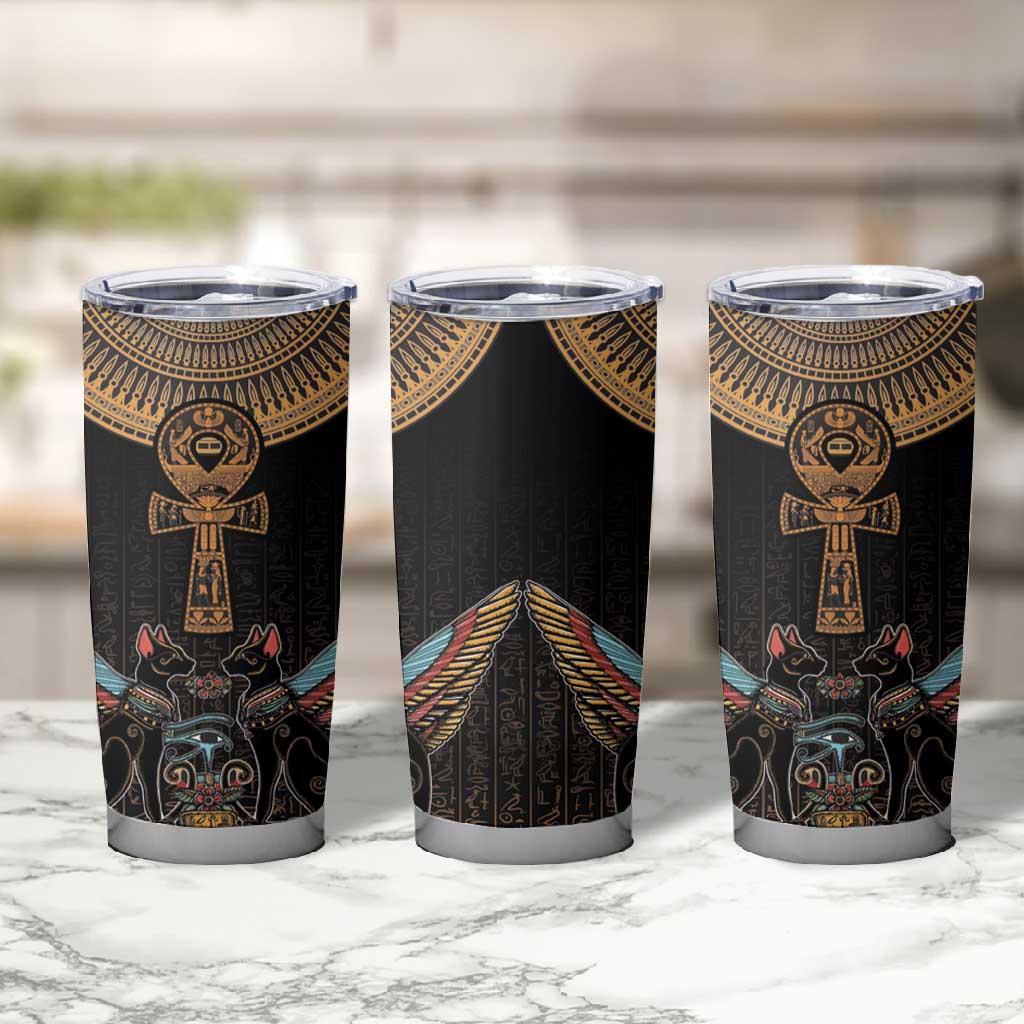 Winged Egypt Cats Tumbler Cup Hieroglyphs Alphabet Pattern