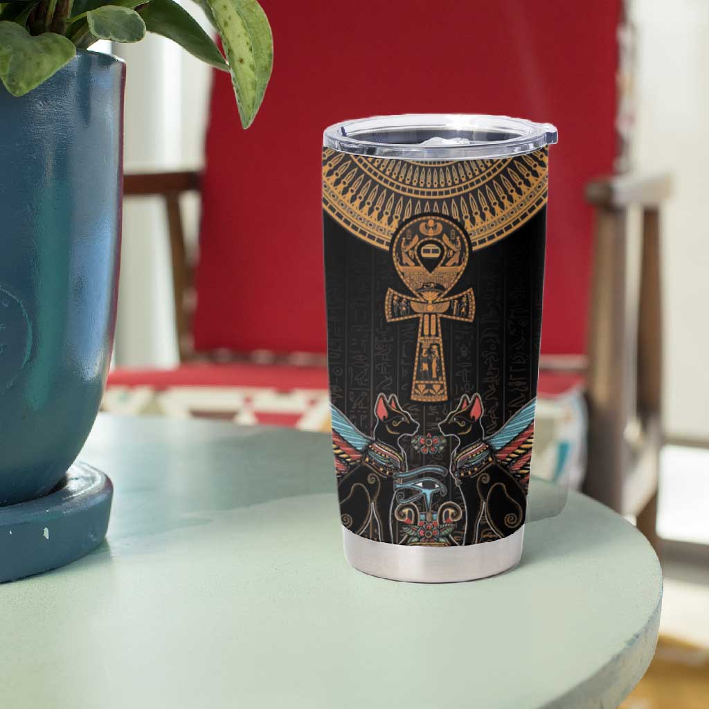 Winged Egypt Cats Tumbler Cup Hieroglyphs Alphabet Pattern