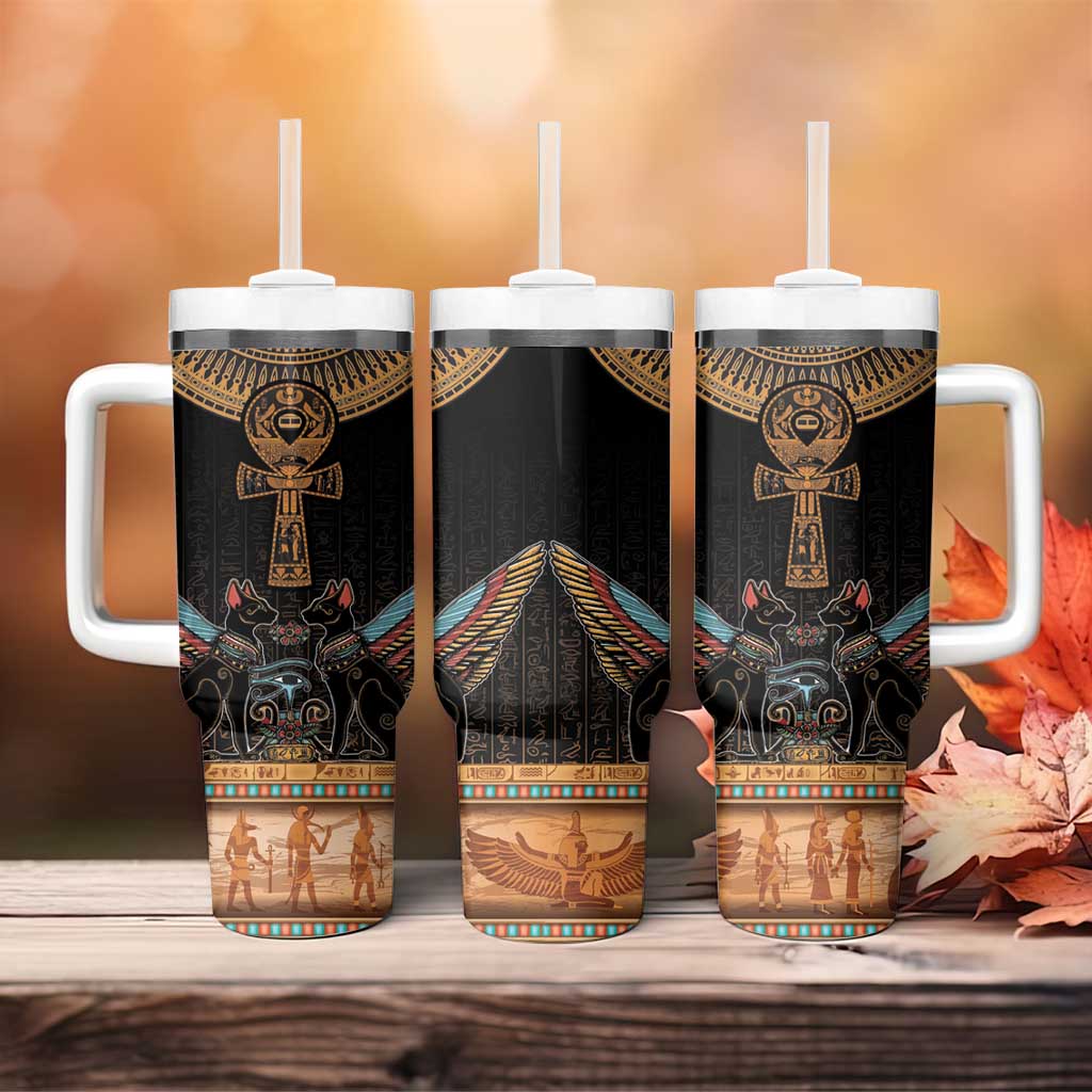 Winged Egypt Cats Tumbler With Handle Hieroglyphs Alphabet Pattern