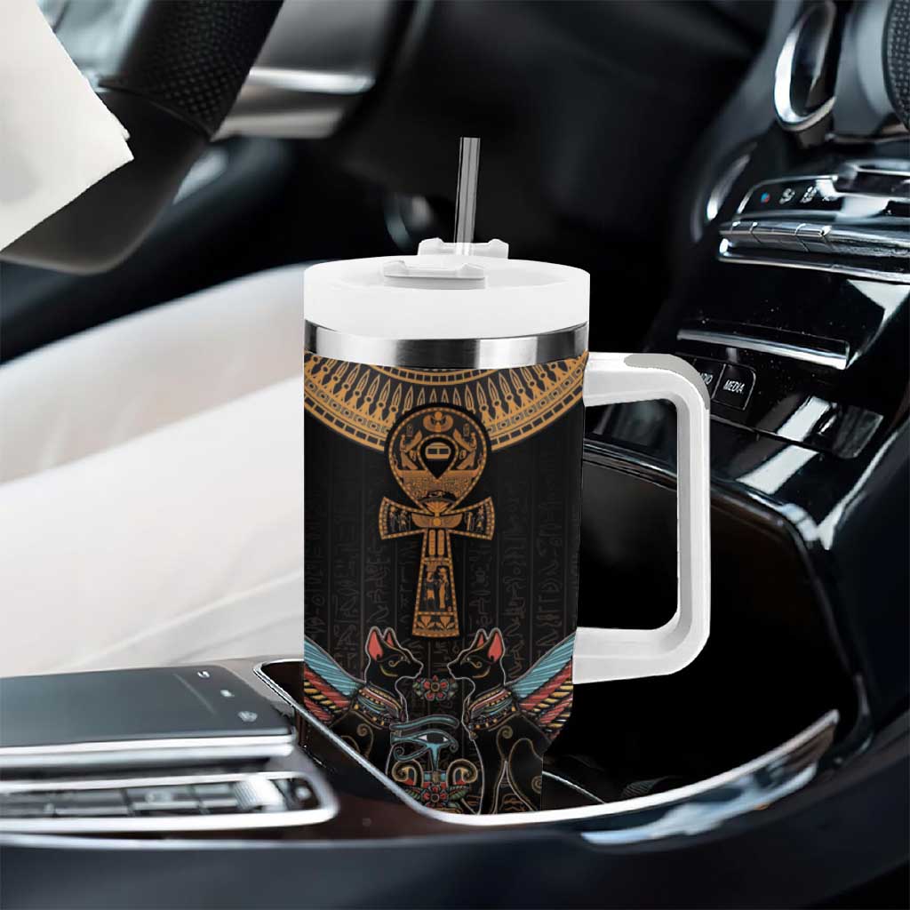 Winged Egypt Cats Tumbler With Handle Hieroglyphs Alphabet Pattern