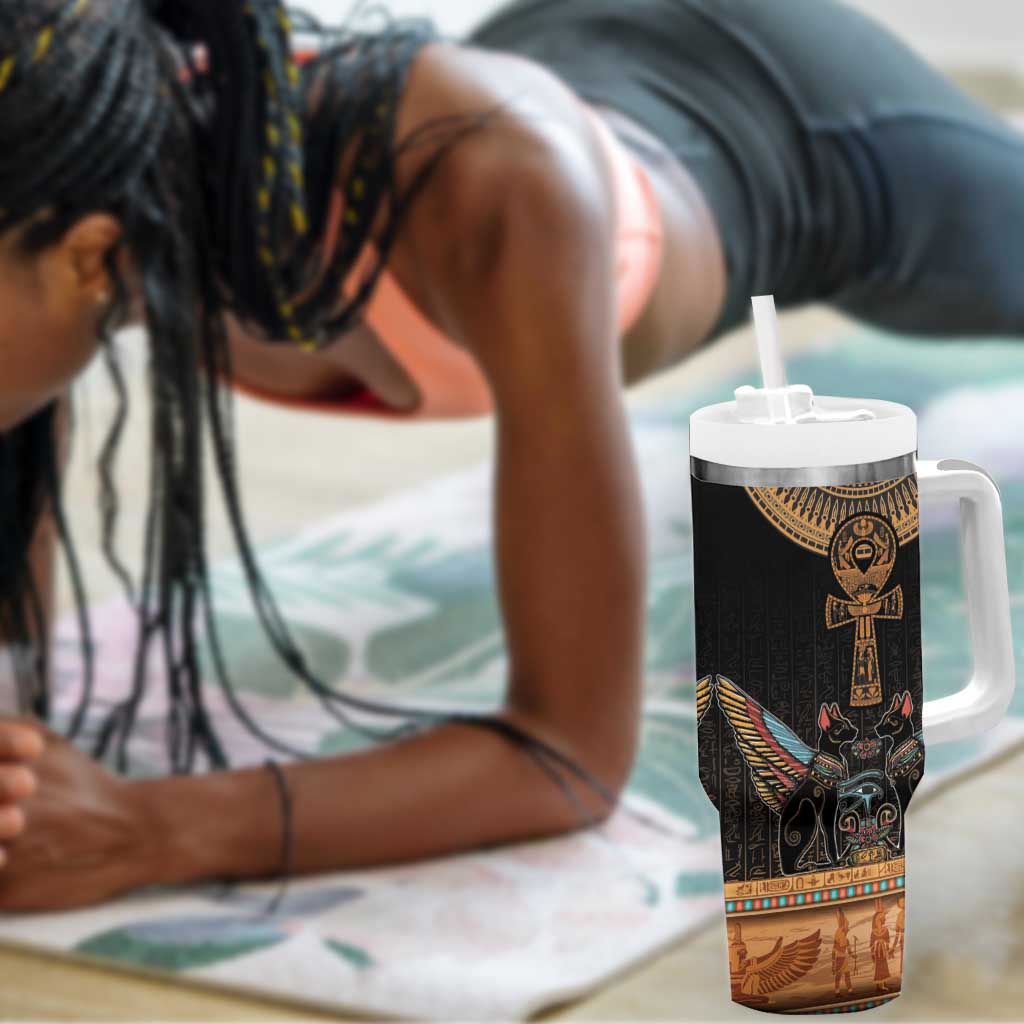 Winged Egypt Cats Tumbler With Handle Hieroglyphs Alphabet Pattern