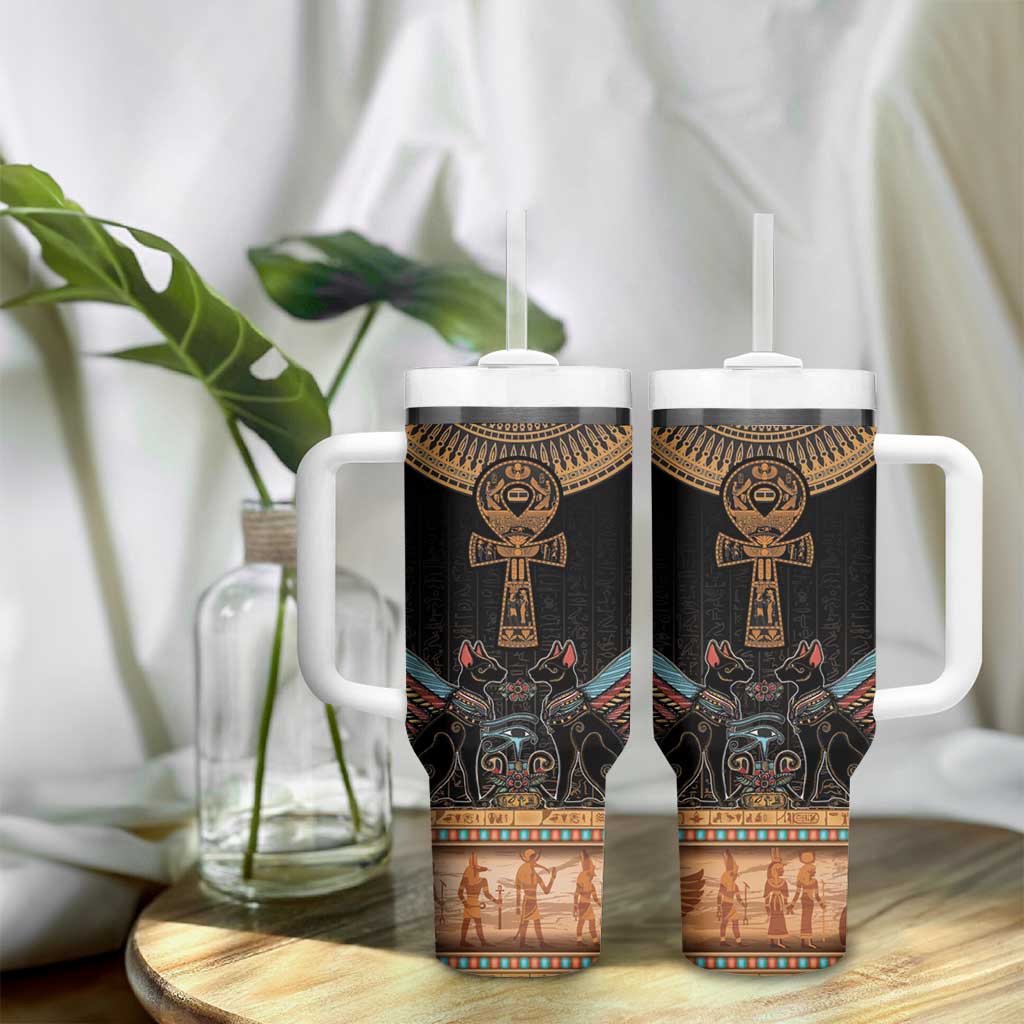 Winged Egypt Cats Tumbler With Handle Hieroglyphs Alphabet Pattern