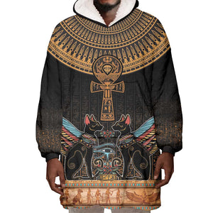 Winged Egypt Cats Wearable Blanket Hoodie Hieroglyphs Alphabet Pattern