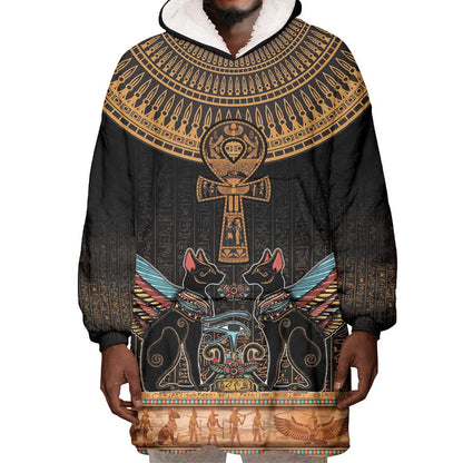Winged Egypt Cats Wearable Blanket Hoodie Hieroglyphs Alphabet Pattern
