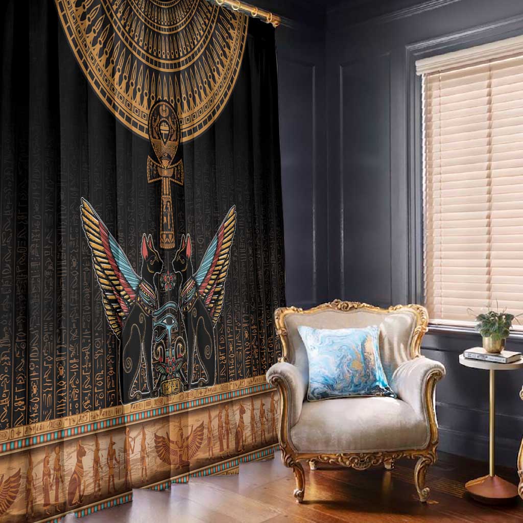 Winged Egypt Cats Window Curtain Hieroglyphs Alphabet Pattern