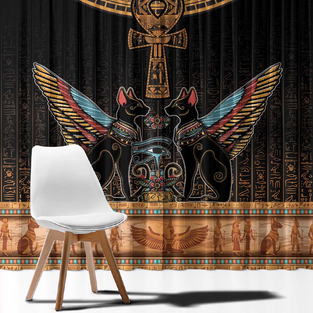 Winged Egypt Cats Window Curtain Hieroglyphs Alphabet Pattern