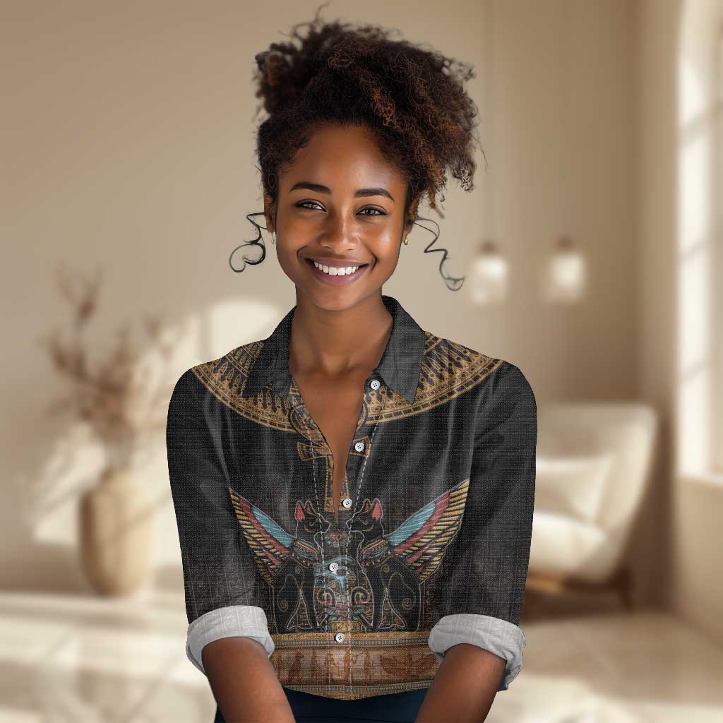 Winged Egypt Cats Women Casual Shirt Hieroglyphs Alphabet Pattern