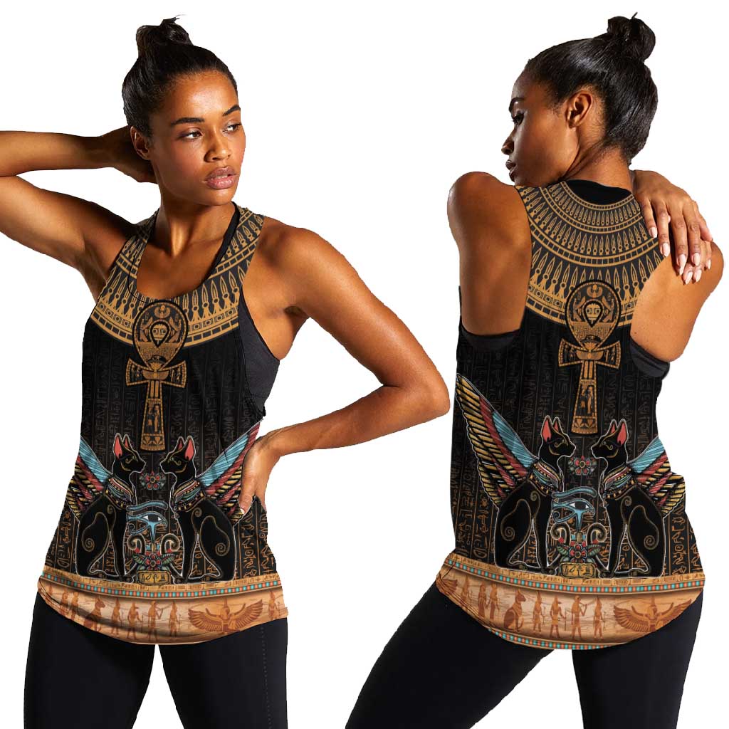 Winged Egypt Cats Women Racerback Tank Hieroglyphs Alphabet Pattern