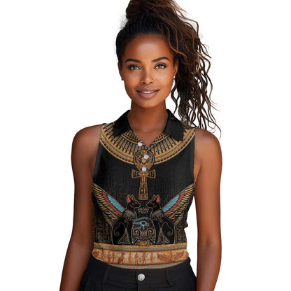 Winged Egypt Cats Women Sleeveless Polo Shirt Hieroglyphs Alphabet Pattern
