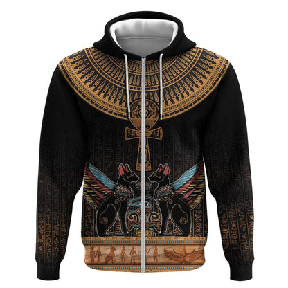 Winged Egypt Cats Zip Hoodie Hieroglyphs Alphabet Pattern