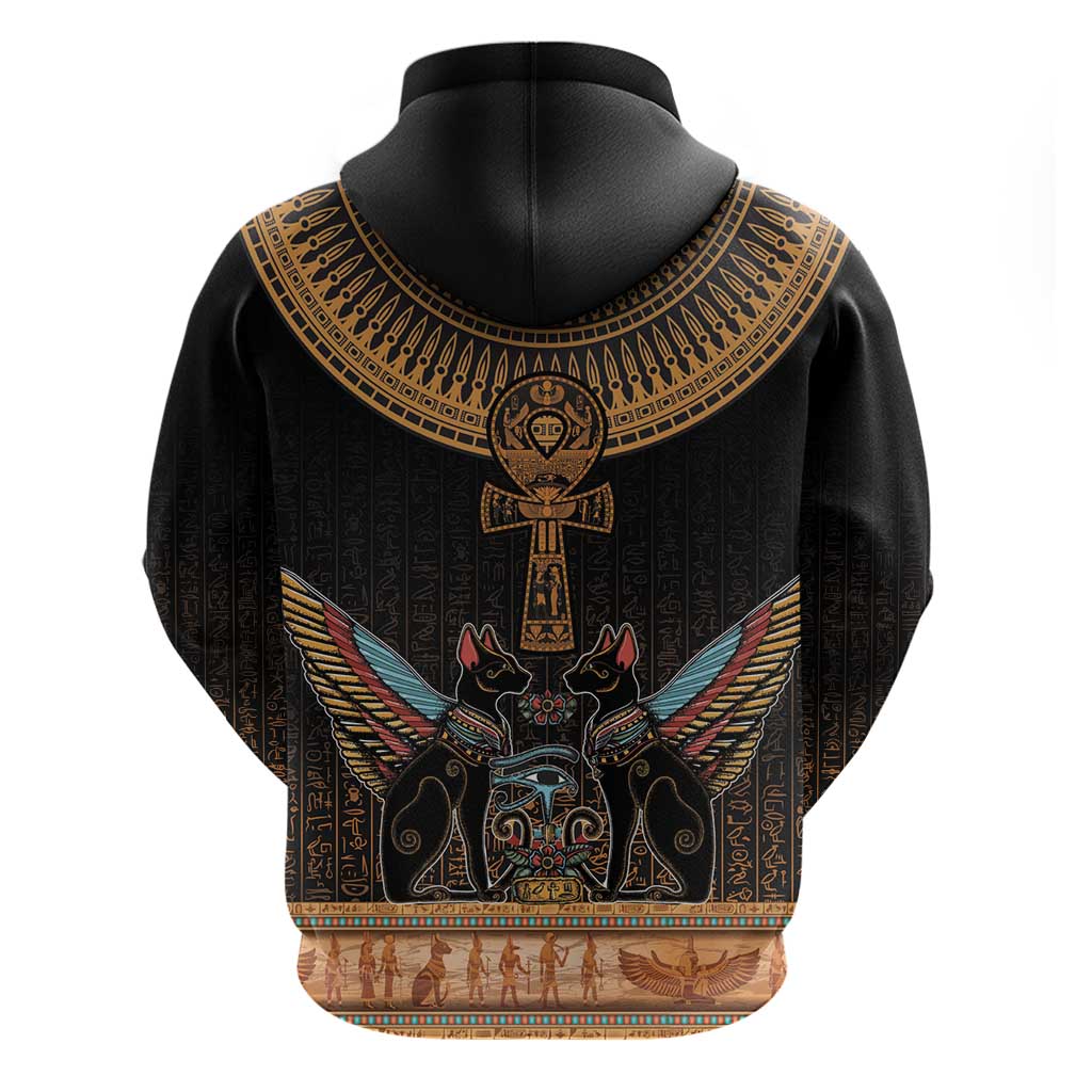 Winged Egypt Cats Zip Hoodie Hieroglyphs Alphabet Pattern