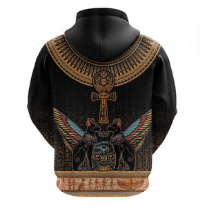 Winged Egypt Cats Zip Hoodie Hieroglyphs Alphabet Pattern