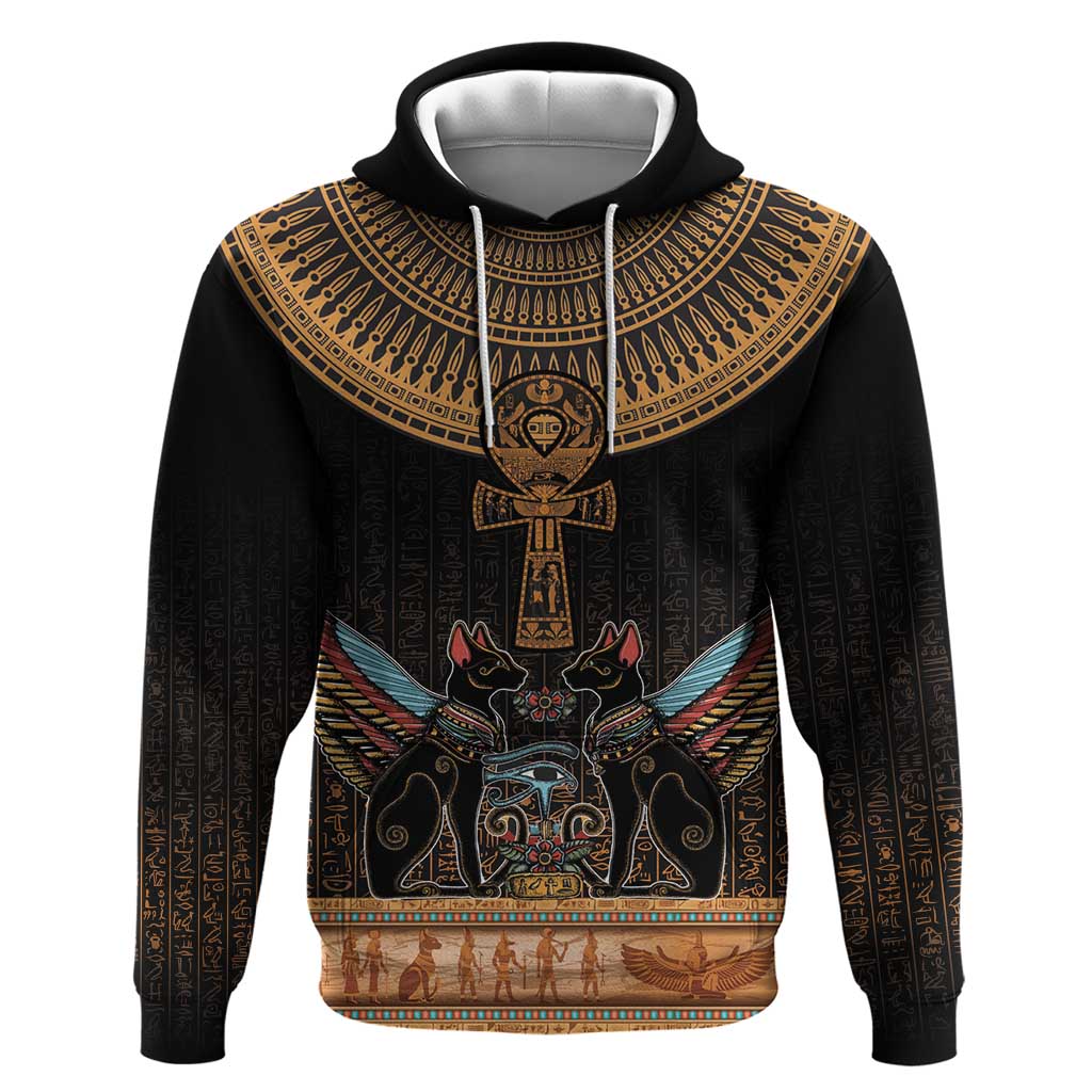 Winged Egypt Cats Zip Hoodie Hieroglyphs Alphabet Pattern