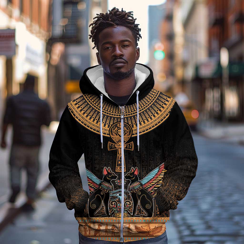 Winged Egypt Cats Zip Hoodie Hieroglyphs Alphabet Pattern