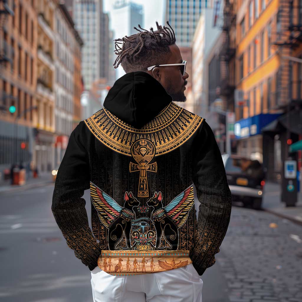 Winged Egypt Cats Zip Hoodie Hieroglyphs Alphabet Pattern