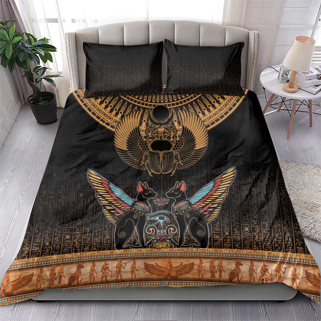 Ancient Egypt Scarab Beetle Bedding Set Hieroglyphs Alphabet Pattern