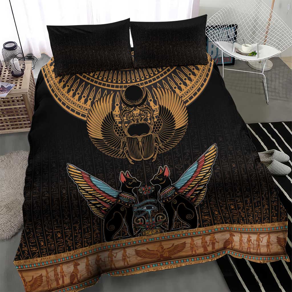 Ancient Egypt Scarab Beetle Bedding Set Hieroglyphs Alphabet Pattern