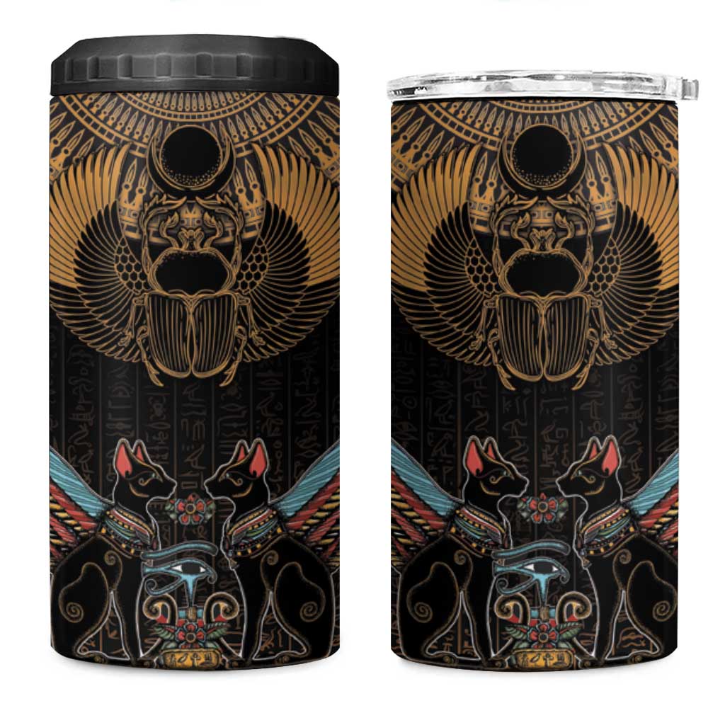 Ancient Egypt Scarab Beetle 4 in 1 Can Cooler Tumbler Hieroglyphs Alphabet Pattern