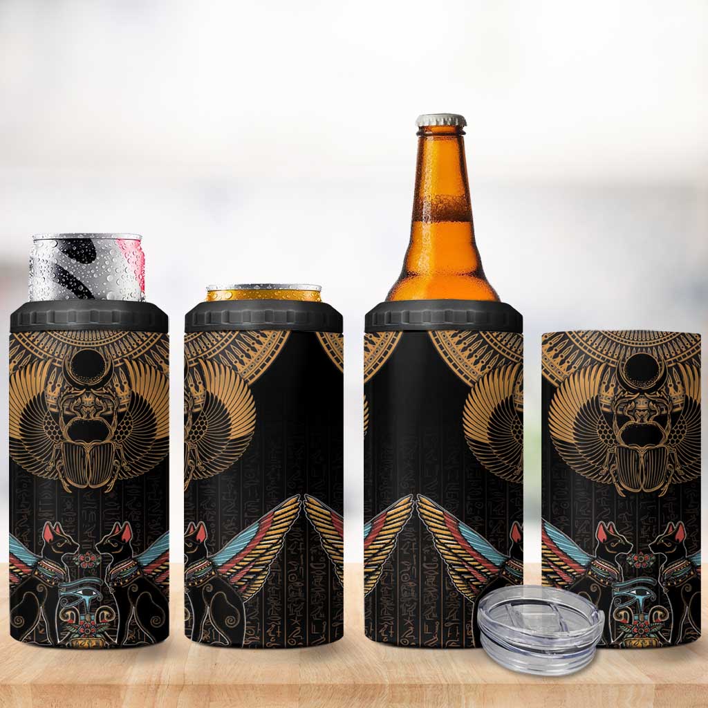 Ancient Egypt Scarab Beetle 4 in 1 Can Cooler Tumbler Hieroglyphs Alphabet Pattern