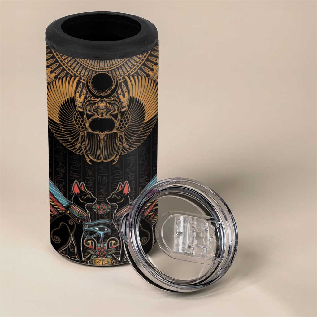 Ancient Egypt Scarab Beetle 4 in 1 Can Cooler Tumbler Hieroglyphs Alphabet Pattern