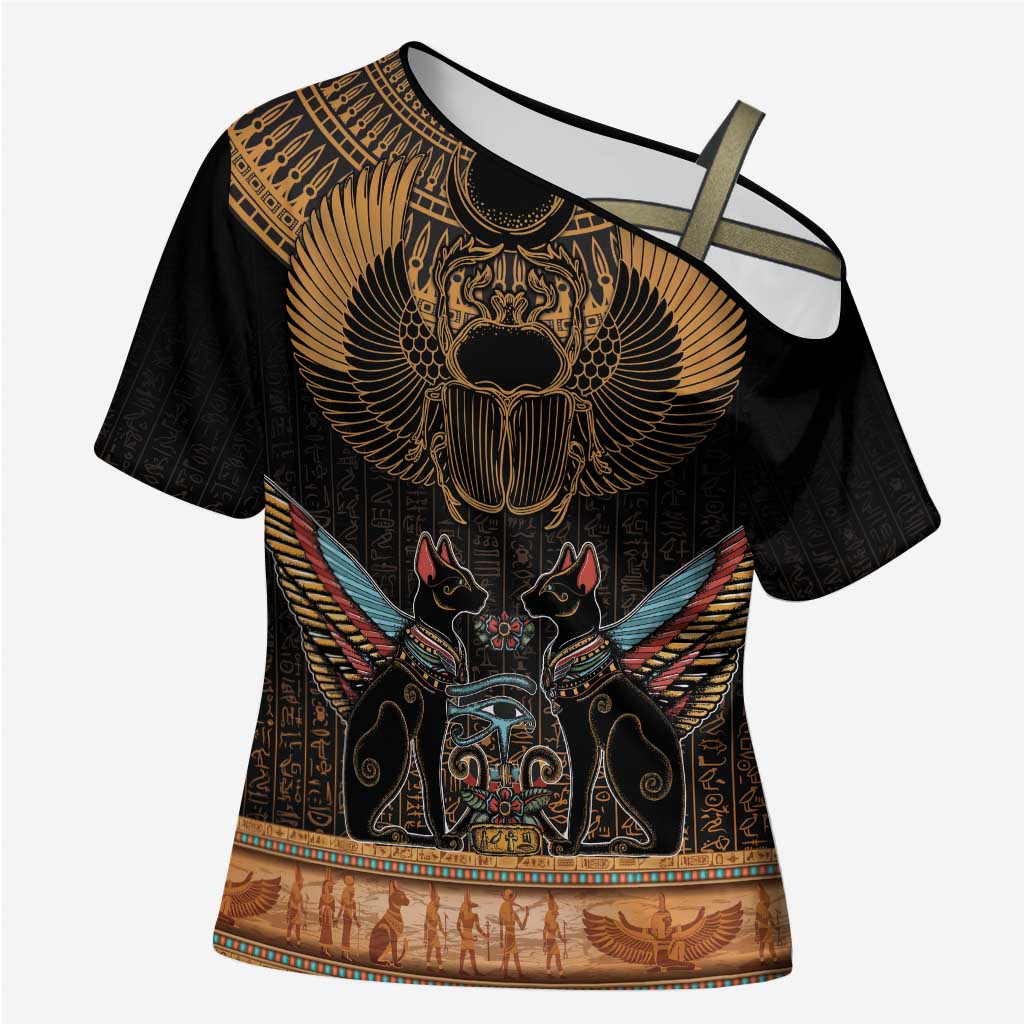 Ancient Egypt Scarab Beetle Cross Shoulder Shirt Hieroglyphs Alphabet Pattern