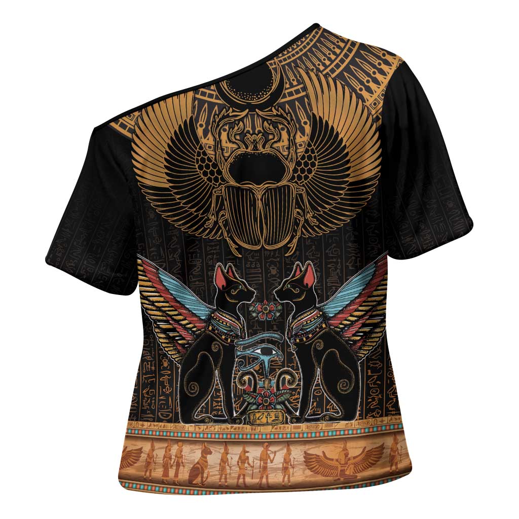 Ancient Egypt Scarab Beetle Cross Shoulder Shirt Hieroglyphs Alphabet Pattern