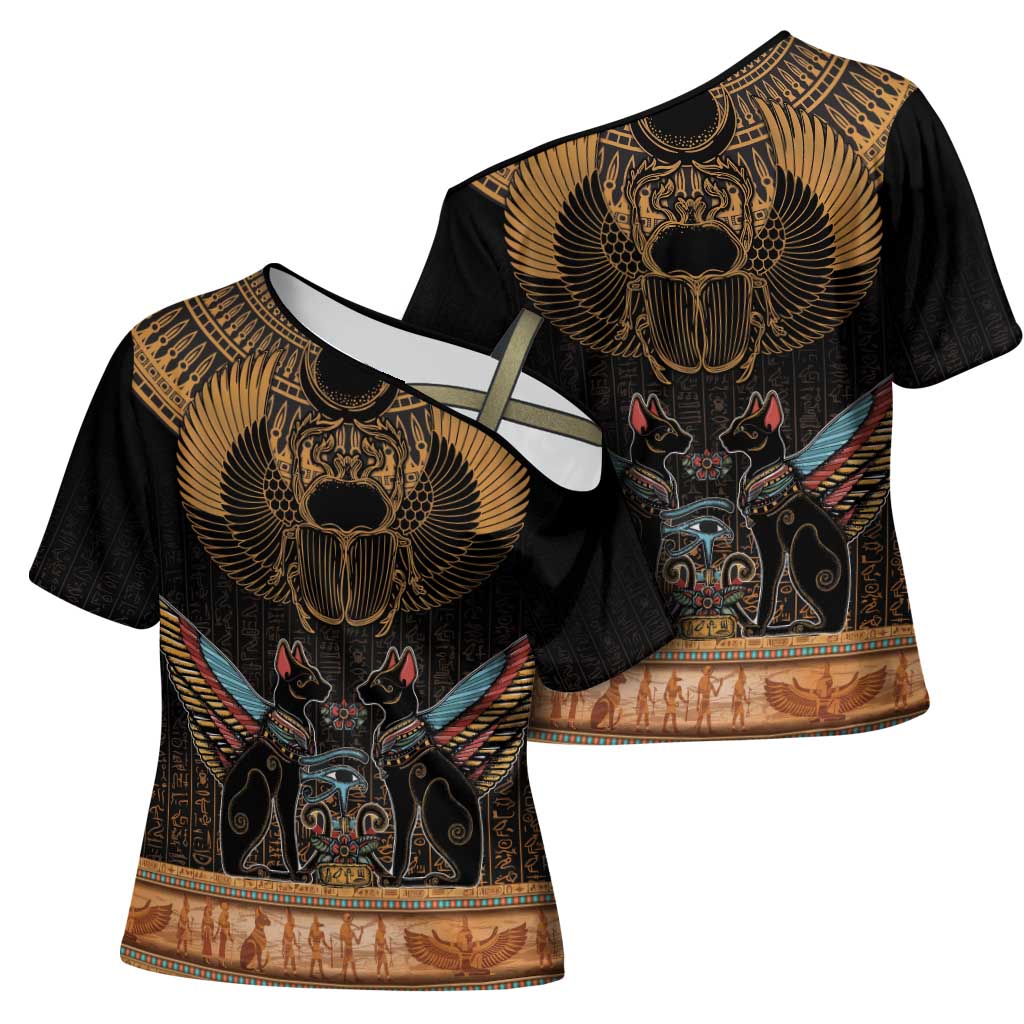 Ancient Egypt Scarab Beetle Cross Shoulder Shirt Hieroglyphs Alphabet Pattern