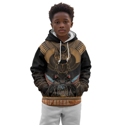 Ancient Egypt Scarab Beetle Kid Hoodie Hieroglyphs Alphabet Pattern