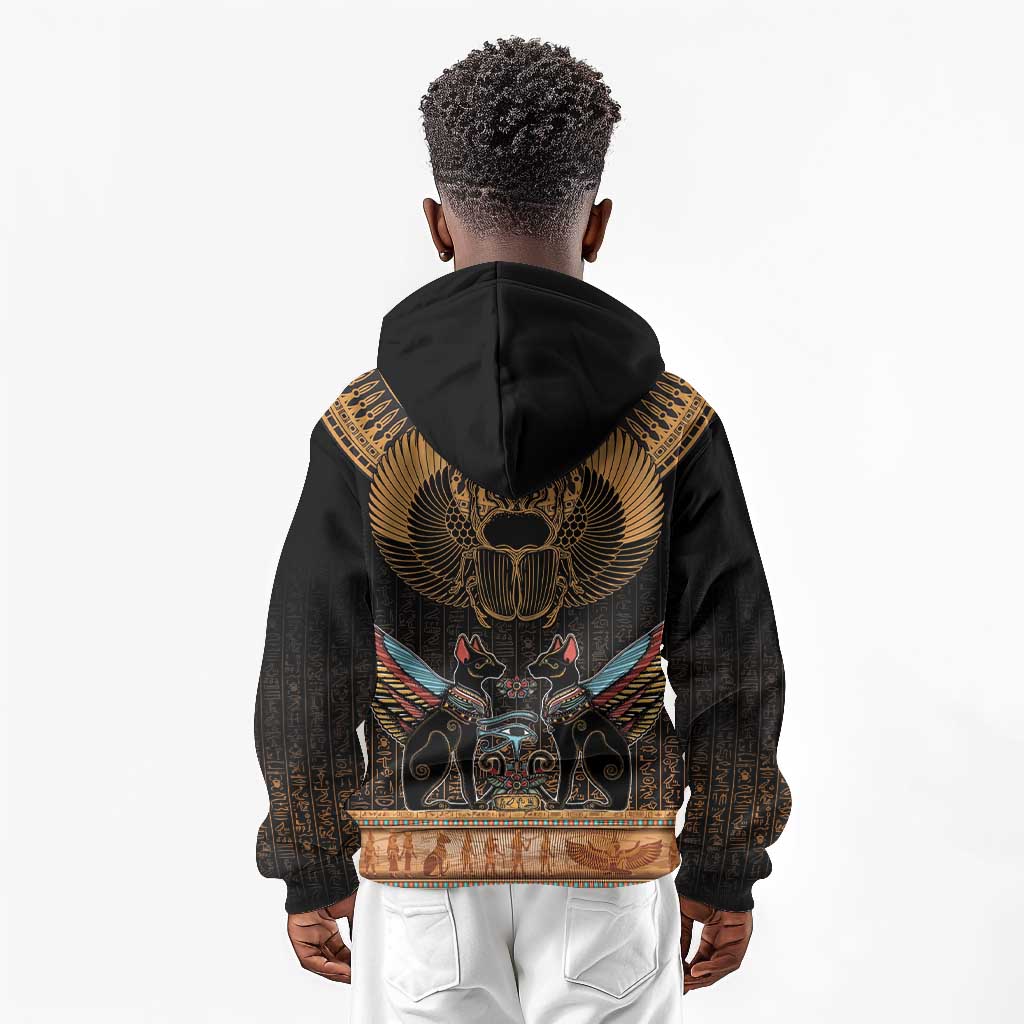 Ancient Egypt Scarab Beetle Kid Hoodie Hieroglyphs Alphabet Pattern
