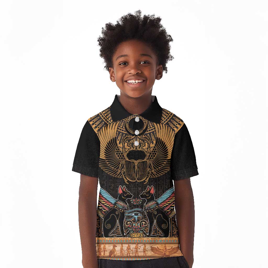 Ancient Egypt Scarab Beetle Kid Polo Shirt Hieroglyphs Alphabet Pattern