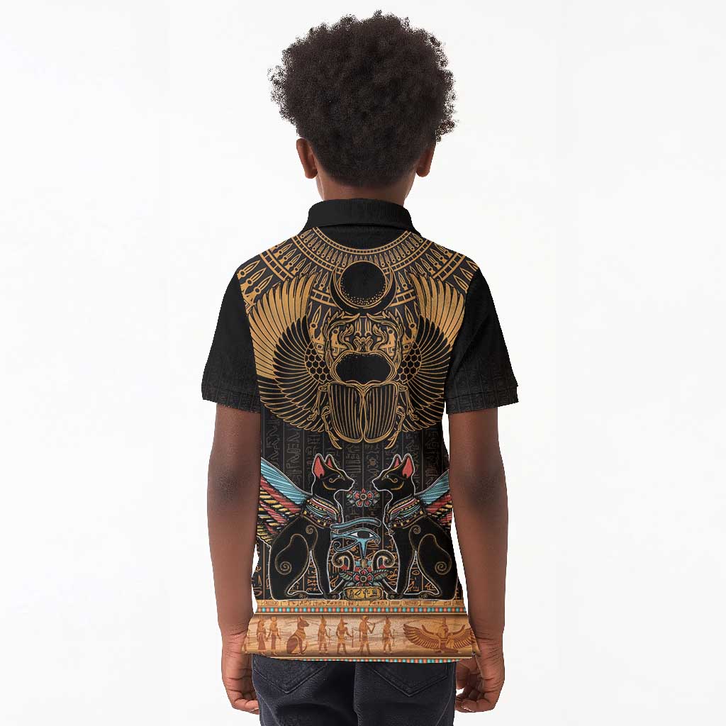 Ancient Egypt Scarab Beetle Kid Polo Shirt Hieroglyphs Alphabet Pattern
