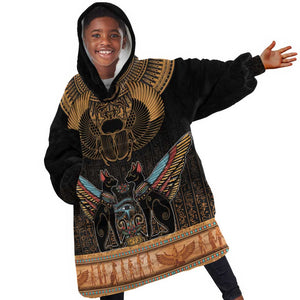 Ancient Egypt Scarab Beetle Kid Wearable Blanket Hoodie Hieroglyphs Alphabet Pattern