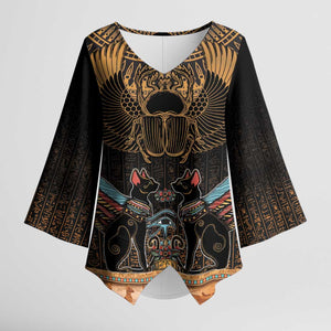 Ancient Egypt Scarab Beetle Kimono Sleeve Blouse Hieroglyphs Alphabet Pattern
