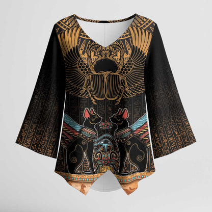 Ancient Egypt Scarab Beetle Kimono Sleeve Blouse Hieroglyphs Alphabet Pattern