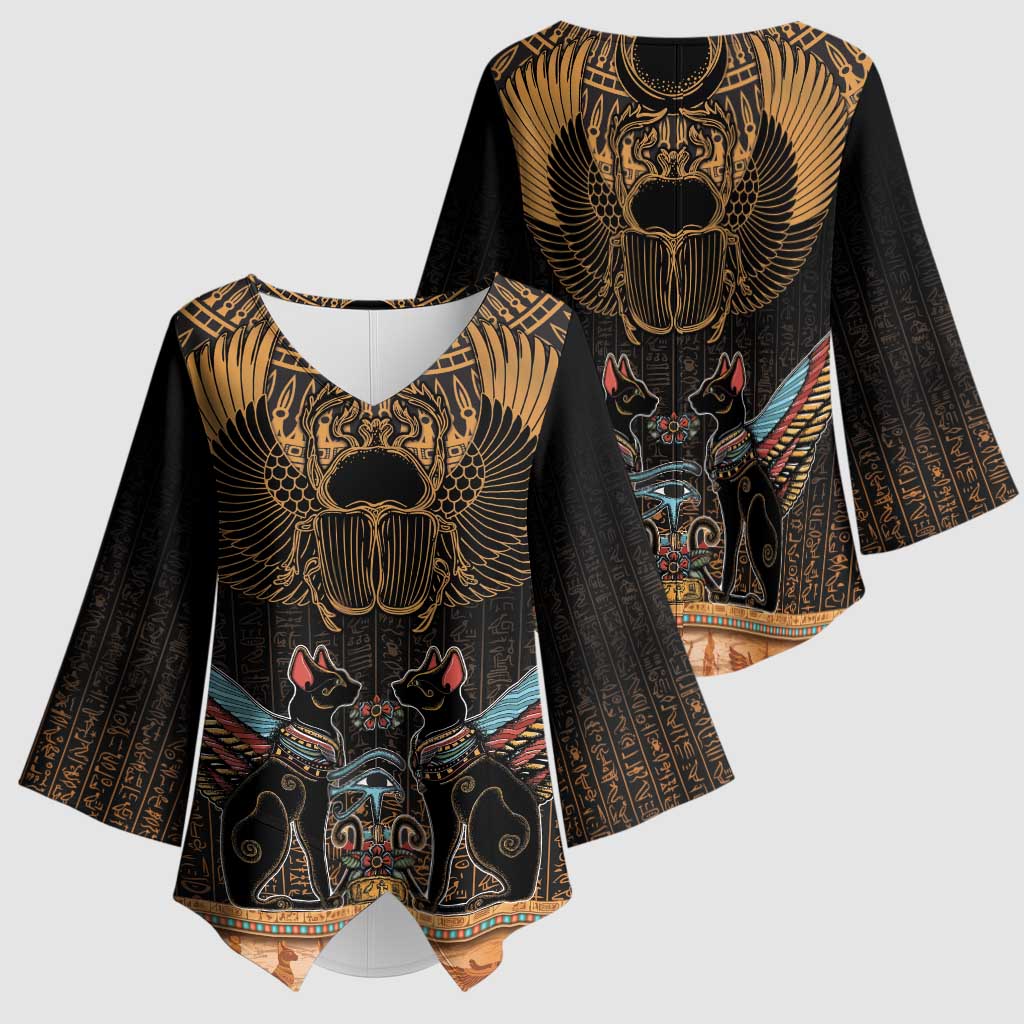 Ancient Egypt Scarab Beetle Kimono Sleeve Blouse Hieroglyphs Alphabet Pattern